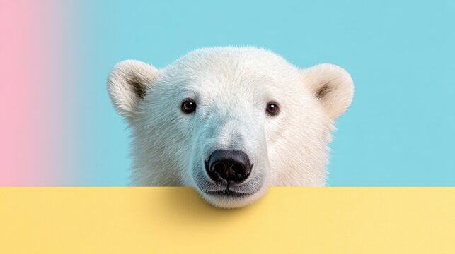 A polar bear's head is prominently featured with a soft focus on its fur and expressive eyes. The background blends pastel colors highlighting the bear's beauty and charm.