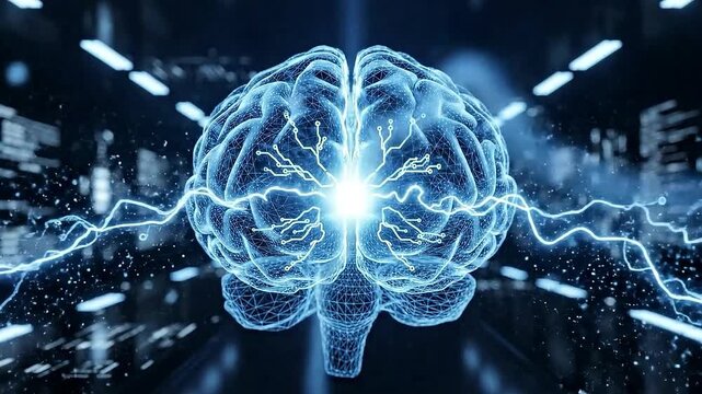Dynamic brain activity with glowing synapses and electric surges in a modern tech environment showcasing intelligence and innovative thinking for the future