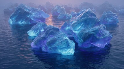 Fototapeta premium Ethereal Blue Icebergs with an Inner Luminescence Adrift in a Misty Arctic Sea.