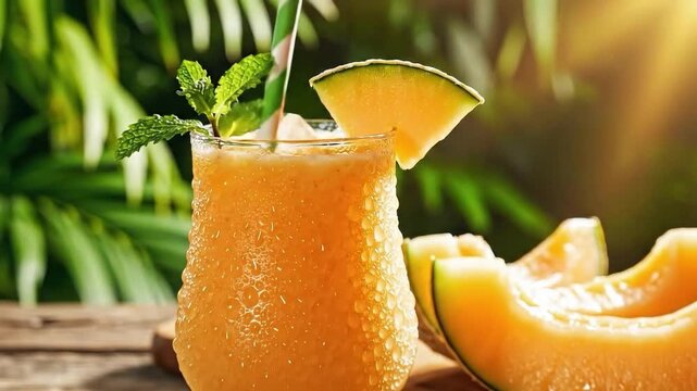 Refreshing cantaloupe smoothie garnished with mint, served outdoors on a wooden table, perfect for summertime refreshment and healthy living videos