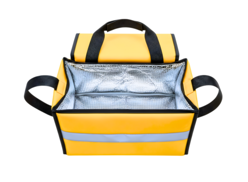 Bright yellow insulated delivery bag with reflective stripes isolated on transparent background