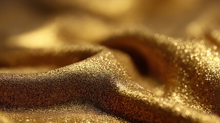 Soft golden fabric lays in gentle waves reflecting light with its shimmer. The texture creates an elegant and luxurious appearance suitable for various uses.