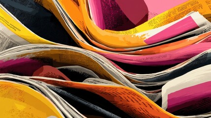 Magazines with vivid colors and textures are arranged in a flowing pattern creating an artistic showcase of print media design. The vibrant pages blend together beautifully.