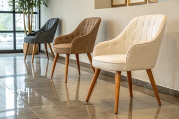 Fototapeta premium Three Stylish Chairs Arranged in a Modern Lounge Area With Natural Light
