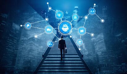 A businessman climbs a staircase symbolizing ascent in the digital landscape, with technology and data connections visualizing growth and urban success. Tessel