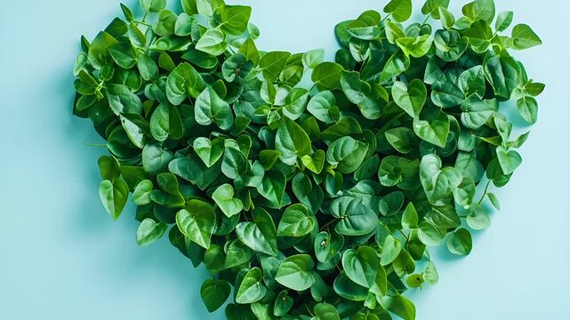 green leaves forming a heart shape on a blue background.