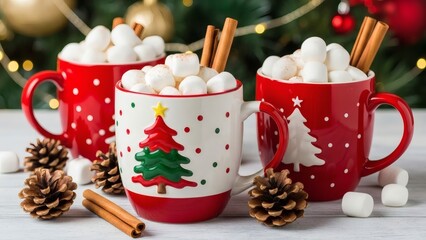 Cozy up with hot cocoa and marshmallows in festive Christmas mugs by the fireplace, perfect for winter holidays and family celebrations