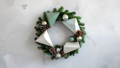 Evergreen wreath with geometric ornaments, pine cone accents and metallic baubles evoking cozy festive atmosphere