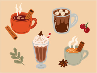 Winter Drinks in Cozy Hand-Drawn Style for Seasonal Design Set