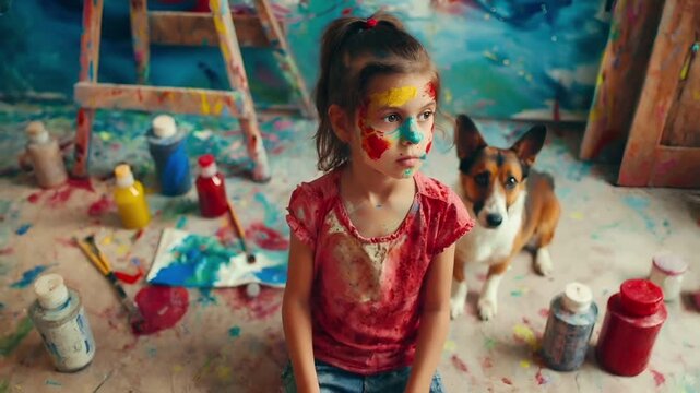 A young girl with painted face paint poses in front of a colorful backdrop. She is wearing a red dress with splatters of paint on it.
