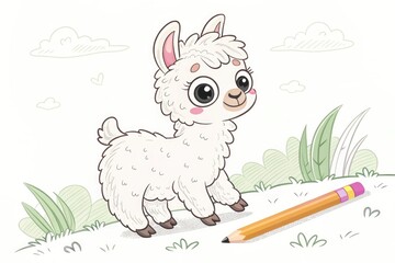 Naklejka premium Cute Cartoon Llama Standing Beside a Pencil in a Grassy Field