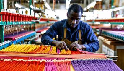 Worker in Workshop Surrounded by Colorful Threads and Fabrics