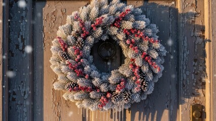 Elegant snowy wreath with red berries and pinecones adorning a rustic weathered door creating a warm festive holiday welcome