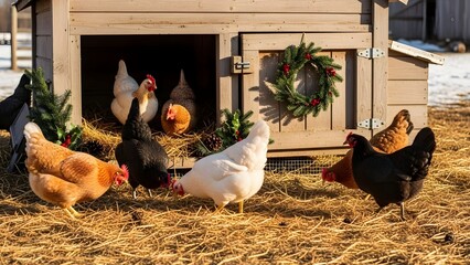Flock of colorful chickens foraging around a wooden coop decorated with a Christmas wreath on a sunny winter day