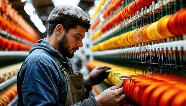 Worker in Workshop Surrounded by Colorful Threads and Fabrics - Powered by Adobe