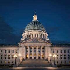 Obraz premium Majestic legislative structure featuring a grand dome, captured across contrasting periods of bright daylight and atmospheric nighttime illumination ,government, state, shadow