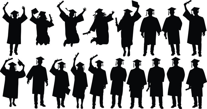 Silhouette of graduating students in gowns and caps celebrating their academic achievement, isolated on a symbol of success and new beginnings