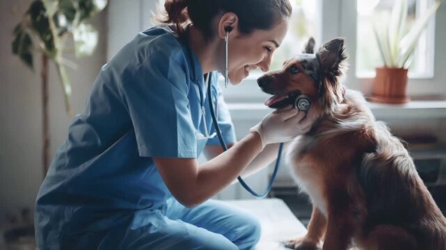 A closeup shot of a female veterinarian examining a dog with a stethoscope. The veterinarian is wearing blue scrubs and has a focused expression on her face.