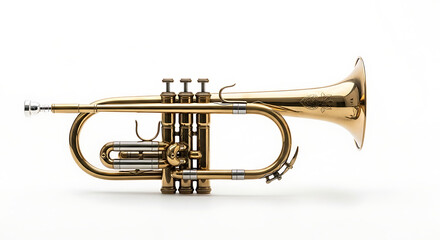 Obraz premium A gleaming cornet resting on a pristine white surface displaying its intricate details and polished finish ai generated