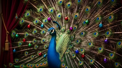 Obraz premium Creative majestic peacock displaying feathers decorated with colorful Christmas baubles against red velvet curtains