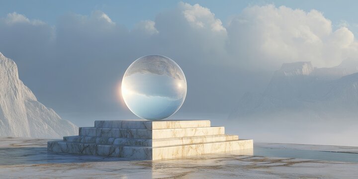 Serene Crystal Sphere on Tiered Pedestal in Dreamy Mountainous Waterscape with Cloudy Sky.