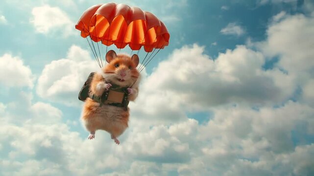 A vivid, highresolution digital artwork of a hamster parachuting into the sky. The hamster is depicted in midair, with a parachute attached to its back, suggesting a sense of freedom and adventure.