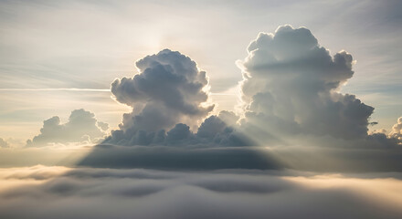 Picturesque Cloudscape During Sunrise With Light Rays Flowing Through Clouds Forming Dramatic Scenery Above Foggy Layer Filled With Golden Hue