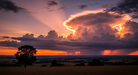 Dramatic Sunset Landscape with Storm Clouds and Golden Light Rays Breaking Through Dark Sky Field Tree Silhouette Evening Scenery Weather
