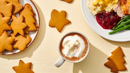 Cozy christmas scene with gingerbread cookies and hot chocolate