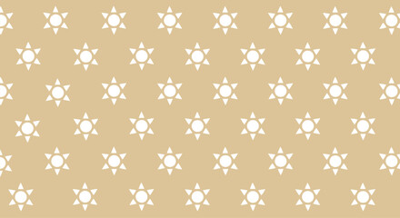 A repeating geometric pattern featuring white six-pointed stars with a central circle and triangular points, set against a light tan backdrop.