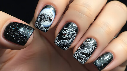 An exquisite close-up of a hand featuring intricate nail art: a majestic white dragon coiling against a starry black night sky, with detailed scales and clouds. A stunning blend of fantasy, 