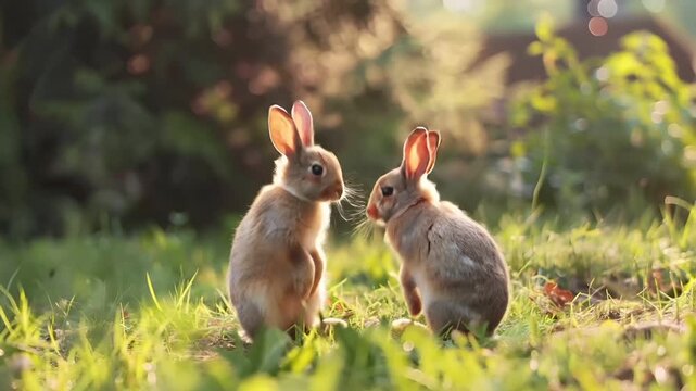 Easter bunny. A closeup shot of two rabbits in a grassy field during what appears to be the golden hour, with the sun casting a warm, golden hue over the scene.