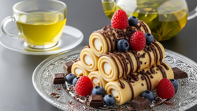 A decadent pyramid of rolled pancakes with cream filling, drizzled in chocolate and topped with fresh raspberries and blueberries. Served on an ornate silver plate beside a glass teacup. - Powered by Adobe