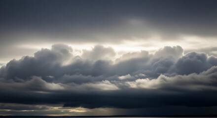 Dramatic Cloudscape above Water Surface with Contrasting Light and Shadow Play, Atmospheric Weather Scenery with Horizon Line at Dusk or Dawn