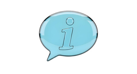 Title: Glossy Light Blue Information Speech Bubble with 'i' Symbol 3D Render - Help, FAQ, Support, Communication, Notification Concept
