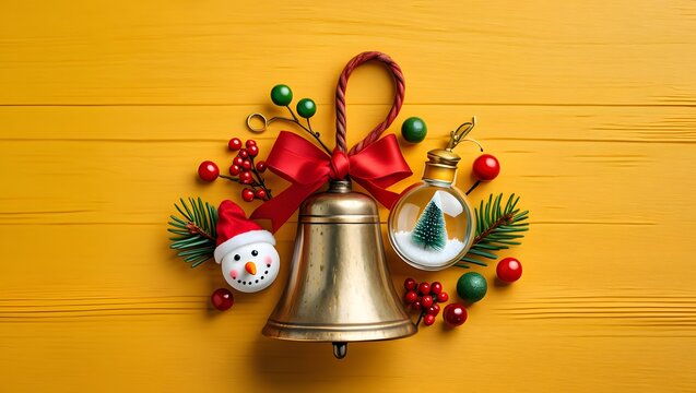 Golden christmas bell with festive ornaments and snowman decoration