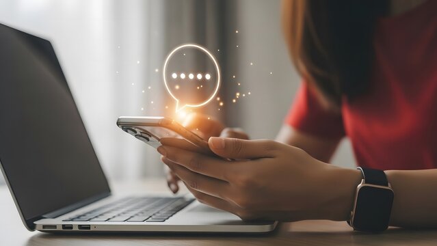 Woman using mobile phone with security authentication overlay next to laptop computer at home office