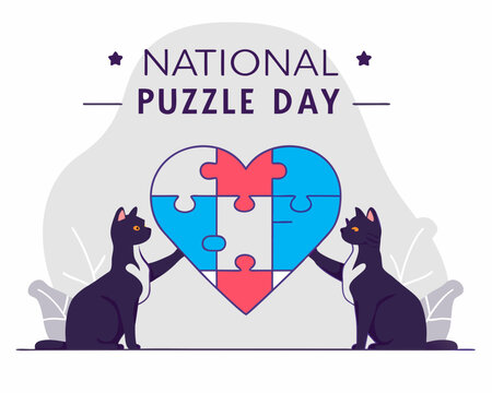 Celebrating National Puzzle Day with Cats and a Heart Shaped Jigsaw Puzzle Illustration Design Two black cats