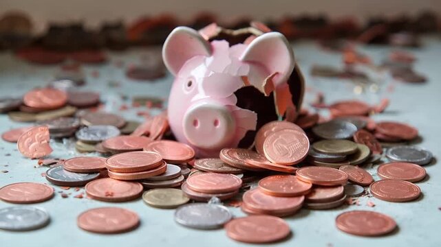 Money saving deposit financial planning concept. A closeup shot of a piggy bank breaking through a pile of coins. The coins are scattered on a surface with a blurred background.