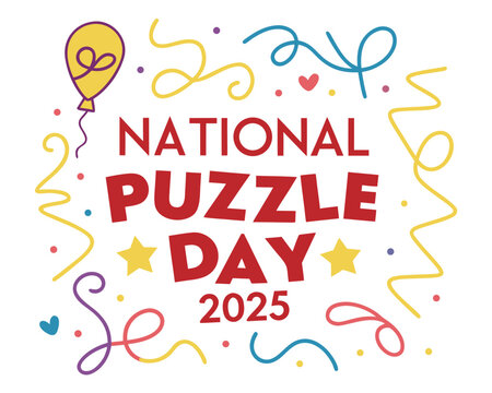 Celebration of National Puzzle Day 2025 with Colorful Confetti Streamers Stars Hearts and a Balloon Featuring a Puzzle Piece