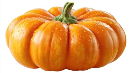 This vibrant pumpkin features a smooth round body with pronounced grooves. Water droplets glisten on its surface emphasizing its freshness. Perfect for autumn displays or Halloween decor.