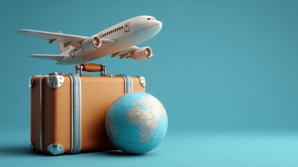 A brown suitcase and a blue globe sit next to a white airplane model flying above. The scene evokes a sense of adventure and wanderlust ideal for travel planning and exploration.