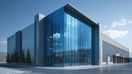 Fototapeta premium A sleek modern commercial building showcases a large glass facade under a clear blue sky.