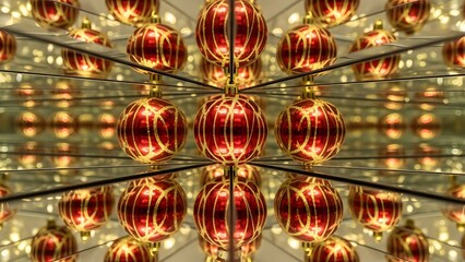 Red and gold Christmas bauble with kaleidoscope mirror reflection pattern creating an infinite abstract geometric design