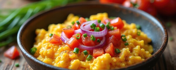Cozy bowl of fluffy yellow scrambled eggs garnished with fresh vibrant red tomatoes, purple onion rings, chopped green chives. Nutritious, delicious breakfast brunch meal sits on rustic wooden table,