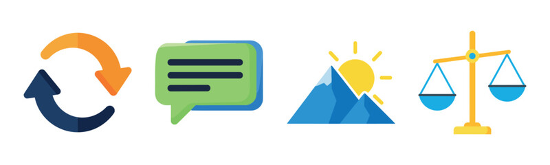 Colorful icon set featuring arrows, speech bubble, mountains, and balance scales