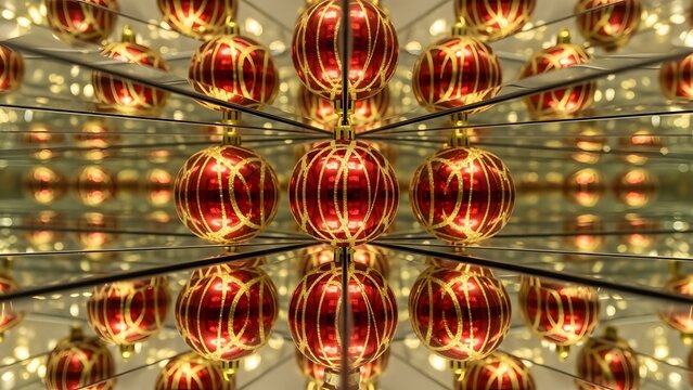 Red and gold Christmas bauble with kaleidoscope mirror reflection pattern creating an infinite abstract geometric design - Powered by Adobe