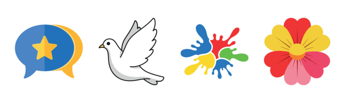 Colorful icon set featuring chat bubble, dove, paint splatter, and flower