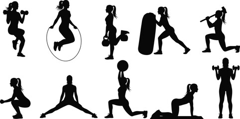 Silhouette of a woman doing different exercises isolated on set of workout poses for fitness, gym, yoga, pilates, and healthy lifestyle activities