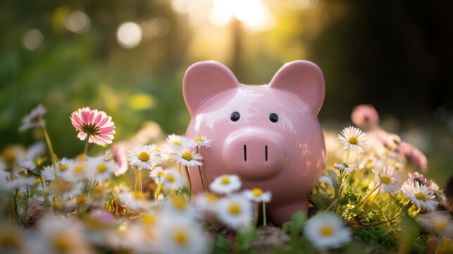 A cheerful pink piggy bank sits amidst vibrant daisies basking in warm sunlight during a beautiful spring afternoon. The colors create a lively and joyful scene in the garden.